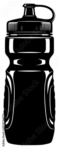 A black and white silhouette of a sports bottle, black, bottle, illustration, lens, lid, profile, stack, against transparent background