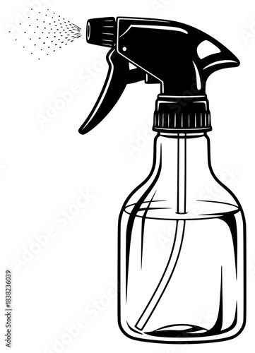 A black and white illustration of a spray bottle with a trigger, black, bottle, cleaner, illustration, liquid, spray, against transparent background