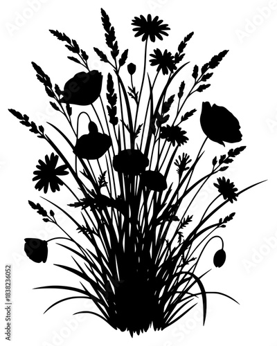 A black and white silhouette of a bouquet of flowers and grass, black, daisy, flower, grass, illustration, plant, poppy, profile, weed, white, wild, wildflower, against transparent background