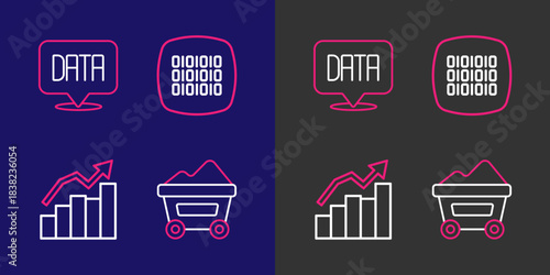 Set line Coal mine trolley, Financial growth, Binary code and Data analysis icon. Vector