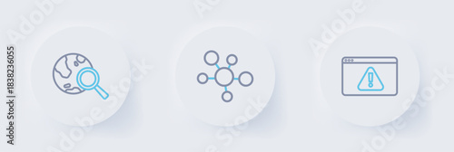 Set line Browser with exclamation mark, Mind map infographic and Search globe icon. Vector