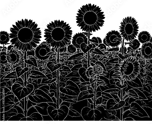 A black and white illustration of a field of sunflowers, black, field, flower, illustration, sunflower, sunflower field, white, against transparent background