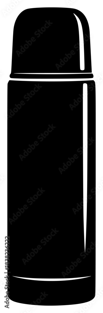 Fototapeta premium A black and white silhouette of a thermos bottle, appliance, black, bottle, container, cosmetic, home appliance, illustration, lid, lipstick, liquid, against transparent background