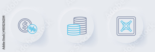 Set line Safe, Coin money and Money coin with percent icon. Vector