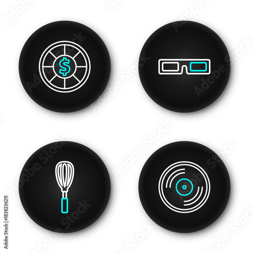 Set line Vinyl disk, Kitchen whisk, Cinema glasses and Casino chips icon. Vector