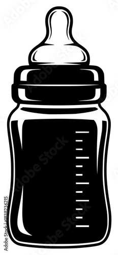 A black and white illustration of a baby bottle, baby, baby bottle, baby food, black, bottle, glass jar, illustration, jam, jar, lid, liquid, profile, against transparent background