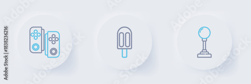 Set line Joystick for arcade machine, Ice cream and Gamepad icon. Vector