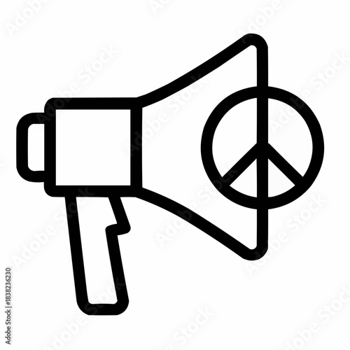 Line icon of a megaphone with peace symbol — advocacy, black on white, square minimalist style