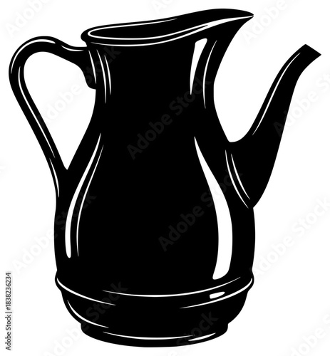 A black and white silhouette of a pitcher, black, boiler, handle, illustration, jug, kitchenware, liquid, pitcher, profile, tea pot, vase, vessel, watering can, against transparent background
