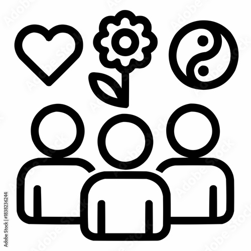 Line icon of a group with different icons above heads — inclusive community, black on white, square minimalist style