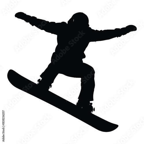 A silhouetted snowboarder mid air performing a trick on a white background