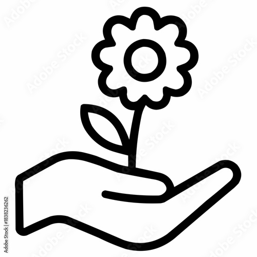 Line icon of a hand offering a flower — peaceful gesture, black on white, square minimalist style