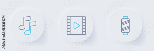 Set line Sewing thread on spool, Play Video and Music note, tone icon. Vector