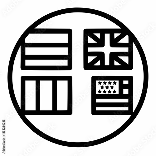 Line icon of a circle with flags — cultural inclusion, black on white, square minimalist style