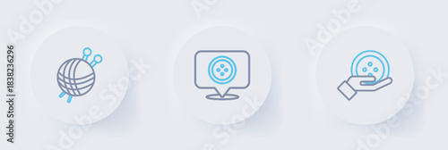 Set line Sewing button, Location tailor shop and Yarn ball with knitting needles icon. Vector