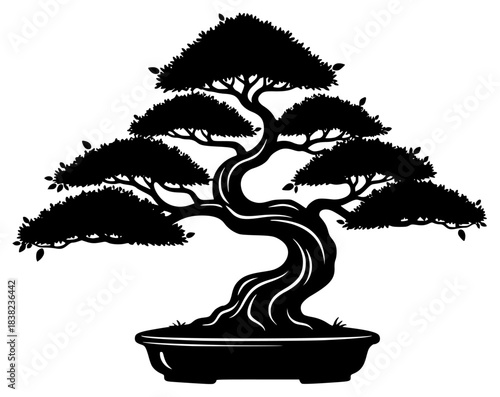 A black and white silhouette of a bonsai tree in a pot, black, bonsai, illustration, miniature, pot, profile, tree, against transparent background