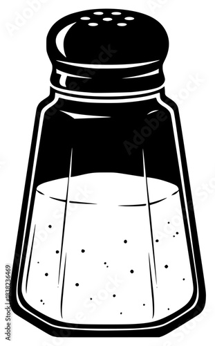 A black and white illustration of a salt shaker, black, glass jar, grinder, illustration, jar, lid, powder, salt, salt shaker, shaker, white, against transparent background