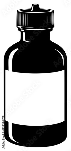 A black and white silhouette of a bottle with a blank label, black, bottle, glass jar, illustration, ink, label, liquid, profile, against transparent background