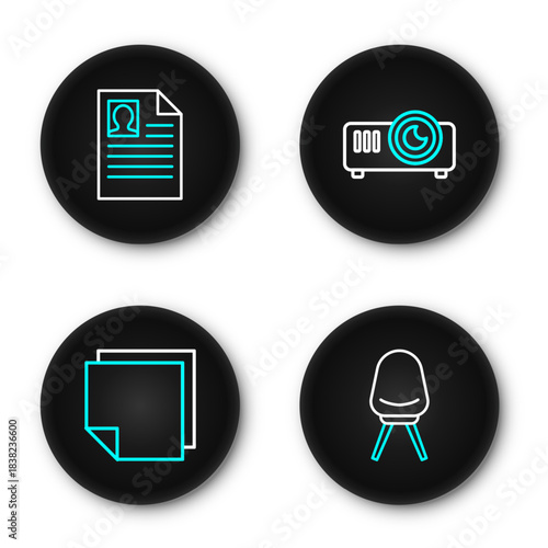 Set line Office chair, Post note stickers, Movie, film, media projector and Resume icon. Vector