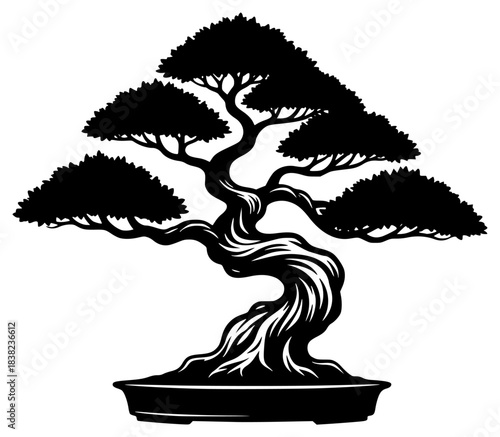 A black and white silhouette of a bonsai tree in a pot, black, bonsai, illustration, pot, profile, tree, against transparent background