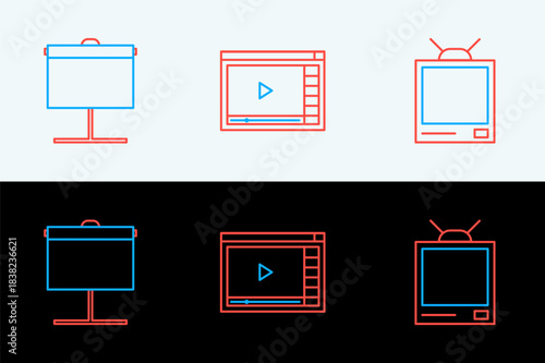 Set line Retro tv, Projection screen and Online play video icon. Vector