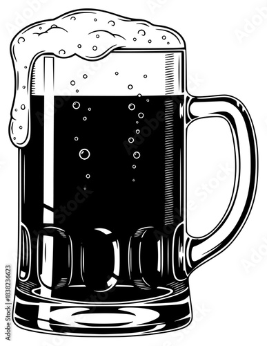 A black and white illustration of a beer mug filled with dark beer, alcohol, beer, beer glass, beverage, black, bubble, cup, draw, foam, illustration, liquid, mug, against transparent background