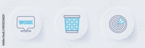 Set line Target sport, Trash can and Location with text work icon. Vector