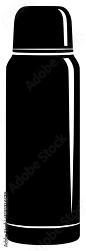 A black and white silhouette of a thermos bottle, black, bottle, can, container, illustration, lid, liquid, profile, shaker, spray, spray can, against transparent background