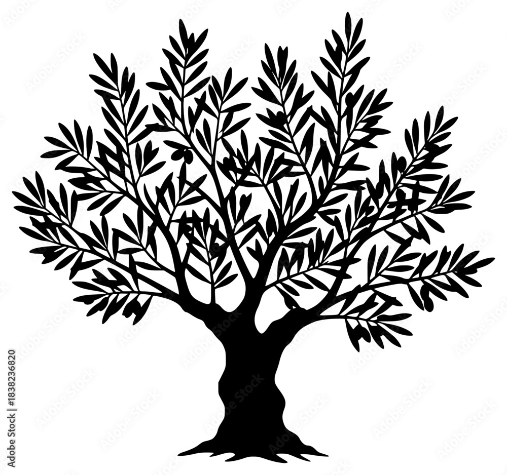Obraz premium A black and white silhouette of a tree with leaves, black, branch, illustration, olive, olive tree, profile, tree, against transparent background