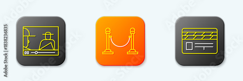 Set line Online play video, Rope barrier and Movie clapper icon. Vector
