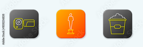 Set line Cinema camera, Movie trophy and Popcorn box icon. Vector