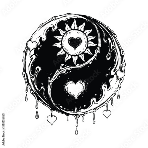 Intricate vector illustration of a melting Yin Yang symbol with sun and hearts representing balance and emotion isolated on white background.