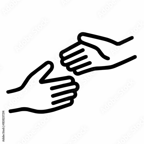 Line icon of two hands reaching toward each other, black on white, square minimalist style
