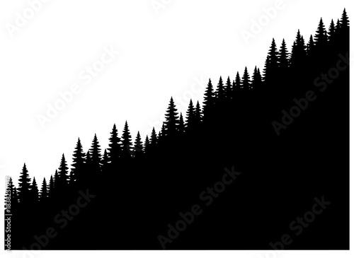A black and white silhouette of a forest with tall pine trees, black, forest, hill, hillside, horizon, pine, pine forest, profile, sky, tree, against transparent background