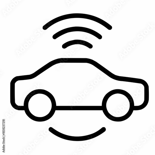Line icon of a car with signal waves — autonomous EV, black on white, square minimalist style