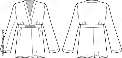 CAD Flat Sketch of Women’s Kimono Style Belted Top with Wide Sleeves, Waist Pleats, Front and Back View Illustration