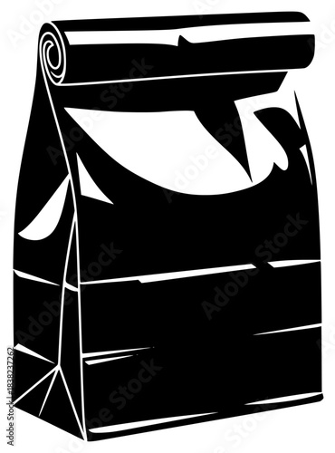 A black and white illustration of a paper bag, black, car, cloth, illustration, image, package, paper bag, roll, scroll, toilet paper, white, yoga mat, against transparent background