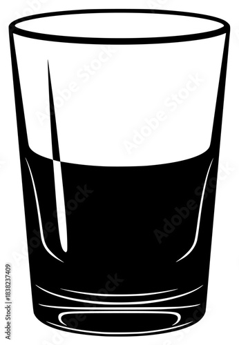 A black and white illustration of a glass of whiskey, alcohol, beverage, black, cup, drink, illustration, juice, liquid, liquor, profile, shot glass, whiskey, against transparent background