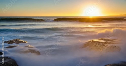 Wallpaper Mural Majestic ocean waves crashing against rocky shore at sunset, creating a stunning water spray Torontodigital.ca