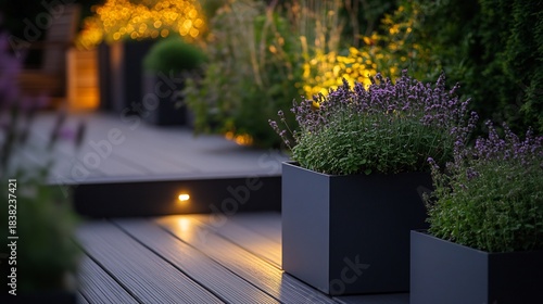 Outdoor step lighting a wooden deck illuminating each step with a subtle glow surrounded by planters with soft accent lighting creating a welcoming pathway to the garden