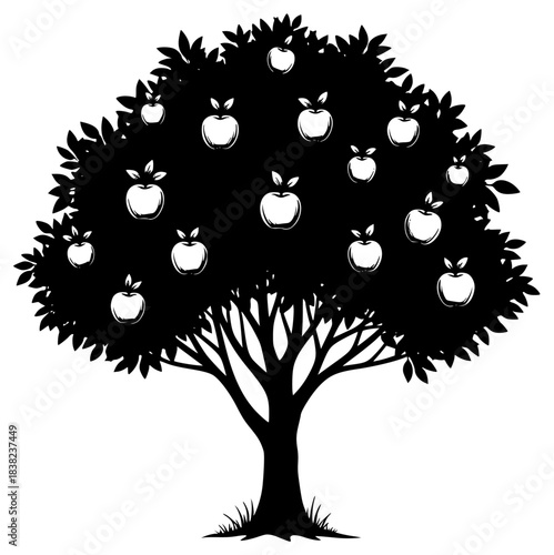 A black and white silhouette of an apple tree with leaves and apples, apple, apple tree, black, fruit, illustration, profile, tree, against transparent background