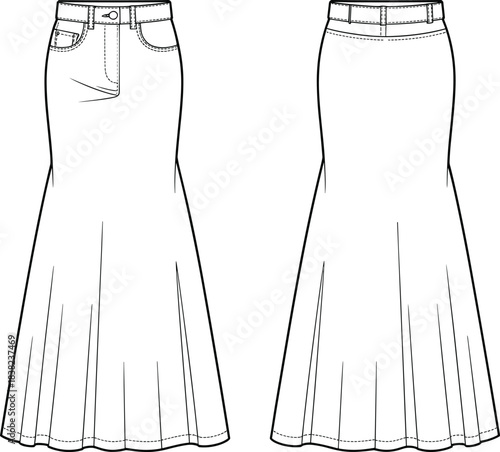 Detailed CAD drawing of a stylish mermaid skirt, fashion design illustration, front and back view, sewing pattern, clothing blueprint, garment technical sketch, apparel design, tailored skirt concept.