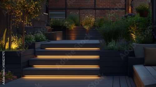 Outdoor step lighting a wooden deck illuminating each step with a subtle glow surrounded by planters with soft accent lighting creating a welcoming pathway to the garden