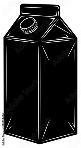 A black and white illustration of a carton with a cap, black, bottle, box, carton, container, illustration, jug, juice, lid, milk, package, against transparent background