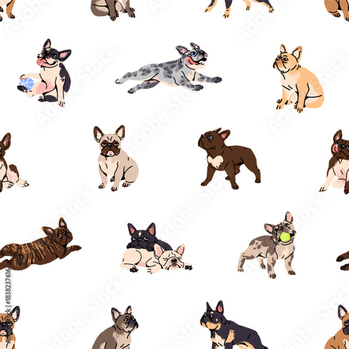 Repeatable pattern of cute french bulldogs. Endless background of funny dogs playing, sleeping, running, and relaxing. Adorable puppies, happy pets, amusing animals. Flat seamless vector illustration.