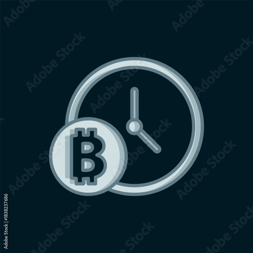 Line Cryptocurrency coin Bitcoin with clock icon isolated on black background. Physical bit coin. Blockchain based secure crypto currency. Flat filled outline style with shadow. Vector