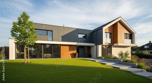 Modern Home Exterior with Beautiful Landscaping and Architectural Design Elements