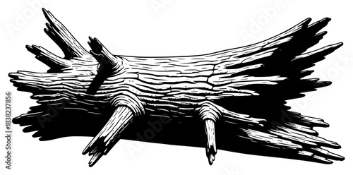 A black and white illustration of a piece of driftwood, bark, black, claw, driftwood, illustration, log, stump, tree, tree trunk, tusk, walrus, white, wood, against transparent background