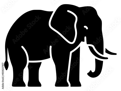A black and white silhouette of an elephant with tusks, animal, black, elephant, icon, illustration, profile, stand, tusk, against transparent background