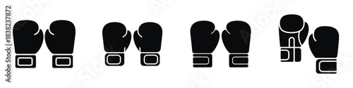 Black Boxing Gloves Vector Icon Set: Sport, Fitness, and Fight Club Equipment Symbols